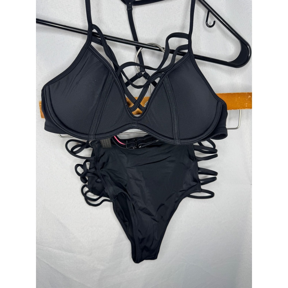 VS Black Strappy Cage Bikini Set Underwire T-Back Top and Cutout Bottoms Womens